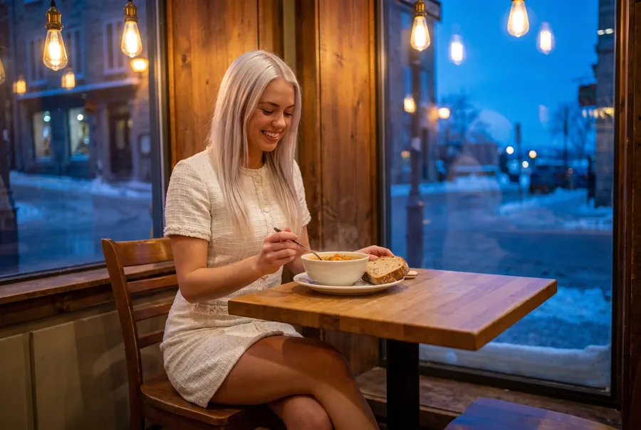 Generated picture: the guide's character sits at a wooden café table with a bowl of soup and bread, a snowy street outside the window at dusk.